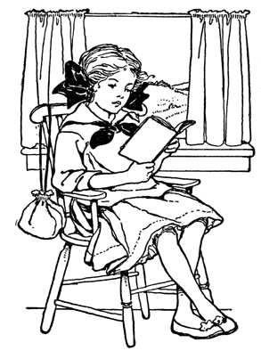 girl reading book clipart black and white